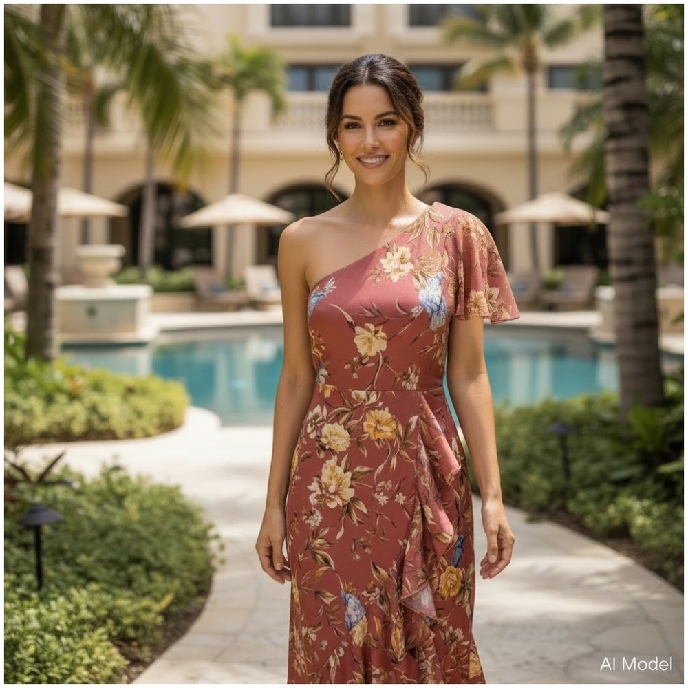 Express One Shoulder‎ Maxi Dress Womens XS Terracotta Tropical Floral Ruffle Hem